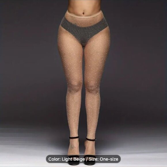 Women's One Size Light Beige Rhinestone Fishnet Stockings Pantyhose Hosiery - Picture 2 of 3